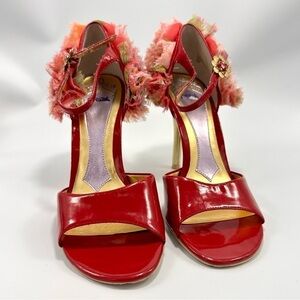 Hale Bob patent red leather floral rosette heels size 8